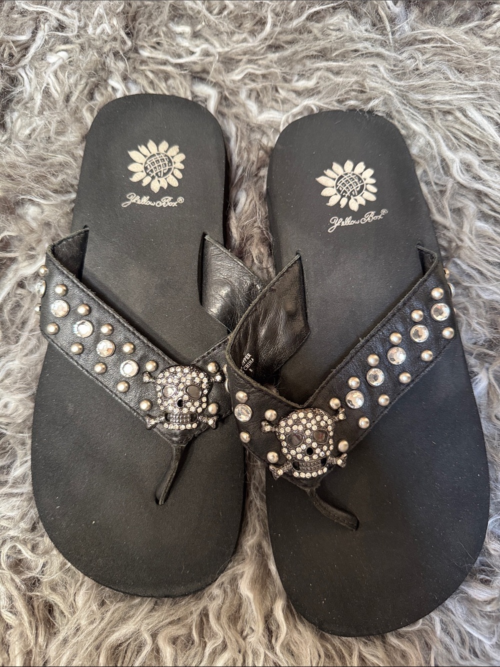 Yellow Box Black Studded Skull Flip Flop Sandals